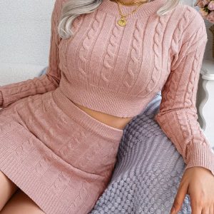 Coquette Aesthetic Knitted Skirt Set: Long Sleeve Sweater & High Waisted Mini Skirt