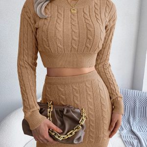 Coquette Aesthetic Knitted Skirt Set: Long Sleeve Sweater & High Waisted Mini Skirt