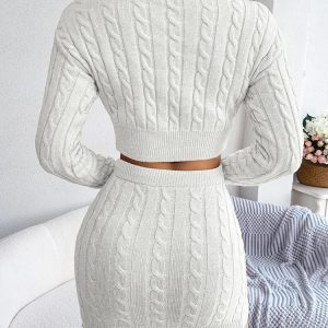 Coquette Aesthetic Knitted Skirt Set: Long Sleeve Sweater & High Waisted Mini Skirt