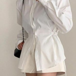 Coquette Aesthetic Padded Long Sleeve Shirt with Adjustable Waist for Y2K Fashion