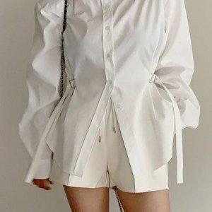 Coquette Aesthetic Padded Long Sleeve Shirt with Adjustable Waist for Y2K Fashion