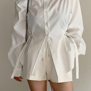 Coquette Aesthetic Padded Long Sleeve Shirt with Adjustable Waist for Y2K Fashion