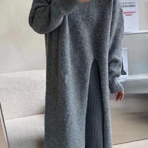 Coquette Aesthetic Side Slit Loose Long Knitted Sweater Dress for Y2K Fashion Lovers