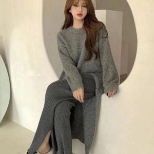 Coquette Aesthetic Side Slit Loose Long Knitted Sweater Dress for Y2K Fashion Lovers