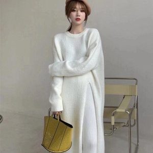 Coquette Aesthetic Side Slit Loose Long Knitted Sweater Dress for Y2K Fashion Lovers