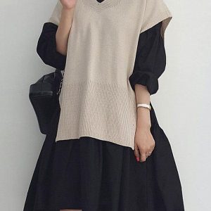 Coquette Aesthetic Split Knit Vest with Lapel Long Sleeve Shirt Dress for Y2K Style