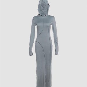 Coquette Aesthetic Split Line Hooded Maxi Dress - Y2K Fashion for Effortless Style