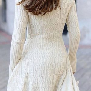 Coquette Aesthetic White Turtleneck Cable Knit Ruffled Mini Dress for Y2K Fashion Lovers