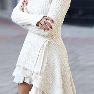 Coquette Aesthetic White Turtleneck Cable Knit Ruffled Mini Dress for Y2K Fashion Lovers