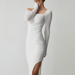 Coquette Off Shoulder Bubble Knit Long Sleeve Dress for Y2K Aesthetic Style