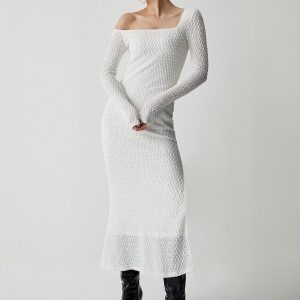 Coquette Off Shoulder Bubble Knit Long Sleeve Dress for Y2K Aesthetic Style