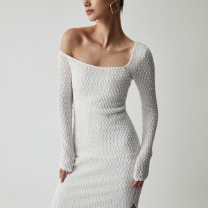 Coquette Off Shoulder Bubble Knit Long Sleeve Dress for Y2K Aesthetic Style