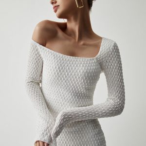 Coquette Off Shoulder Bubble Knit Long Sleeve Dress for Y2K Aesthetic Style