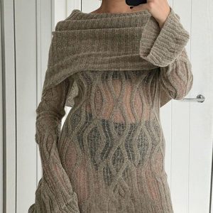 Coquette Off Shoulder Twist Knitted Mini Dress - Y2K Aesthetic Cute Dress for Stylish Looks