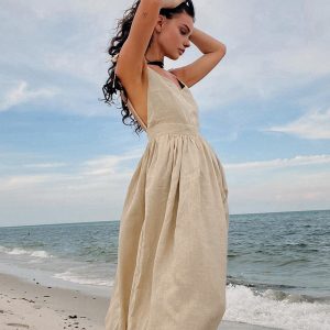 Cotton & Linen Backless Long Dress - Y2K Aesthetic Maxi Dress for Effortless Style