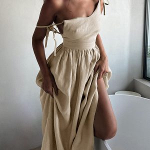 Cotton & Linen Backless Long Dress - Y2K Aesthetic Maxi Dress for Effortless Style