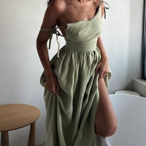 Cotton & Linen Backless Long Dress - Y2K Aesthetic Maxi Dress for Effortless Style