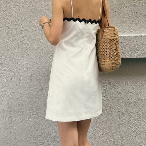 Cotton & Linen Contrast Trim Dress - Y2K Aesthetic Cute Dress for Coquette Style Outfits