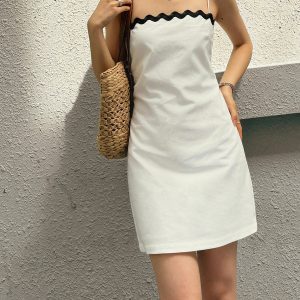 Cotton & Linen Contrast Trim Dress - Y2K Aesthetic Cute Dress for Coquette Style Outfits