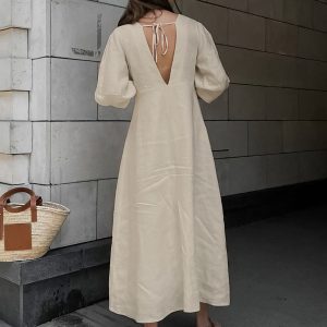 Cotton & Linen Knotted Button-Front Maxi Dress for Y2K Aesthetic and Coquette Style