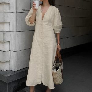 Cotton & Linen Knotted Button-Front Maxi Dress for Y2K Aesthetic and Coquette Style