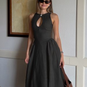 Cotton & Linen Pleated Cutout Maxi Dress - Y2K Aesthetic Fashion for Effortless Style