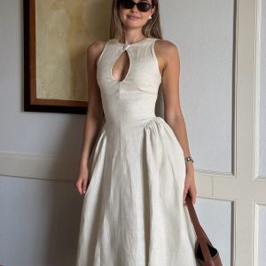 Cotton & Linen Pleated Cutout Maxi Dress - Y2K Aesthetic Fashion for Effortless Style