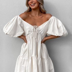 Cotton & Linen Puff Sleeve Dress - Y2K Aesthetic Cute Dress for Coquette Style Outfits