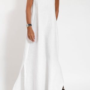 Cotton Linen Slit Cami Dress - Y2K Aesthetic Summer Essential for Effortless Style