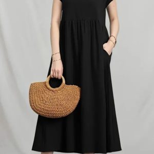 Cotton Linen Solid Short Sleeve Midi Dress - Effortless Y2K Aesthetic for Stylish Outfits