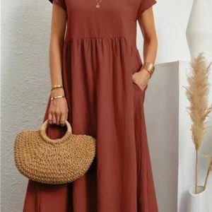 Cotton Linen Solid Short Sleeve Midi Dress - Effortless Y2K Aesthetic for Stylish Outfits