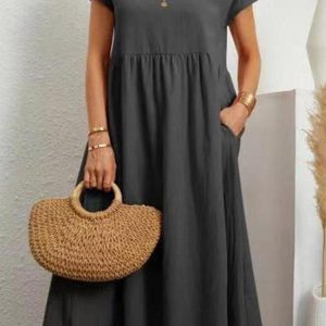 Cotton Linen Solid Short Sleeve Midi Dress - Effortless Y2K Aesthetic for Stylish Outfits