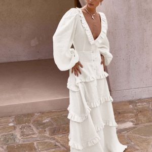 Cotton & Linen V-Neck Ruffle Trim Long Dress - Y2K Aesthetic Boho Style for Effortless Chic