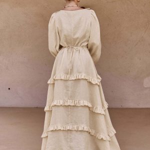 Cotton & Linen V-Neck Ruffle Trim Long Dress - Y2K Aesthetic Boho Style for Effortless Chic