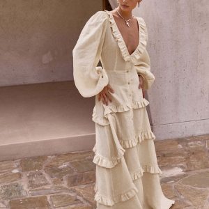 Cotton & Linen V-Neck Ruffle Trim Long Dress - Y2K Aesthetic Boho Style for Effortless Chic