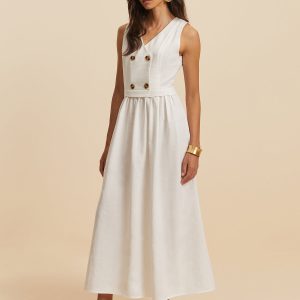 Cotton & Linen Y2K Aesthetic Button Sleeveless Dress for Effortless Coquette Style