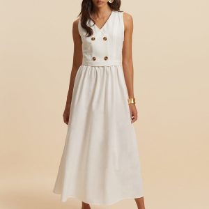 Cotton & Linen Y2K Aesthetic Button Sleeveless Dress for Effortless Coquette Style