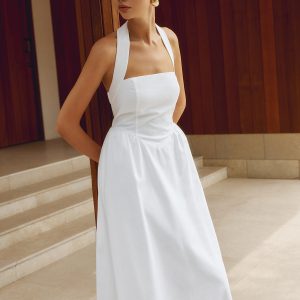 Cotton & Linen Y2K Aesthetic Halter A-Line Long Dress for Effortless Style