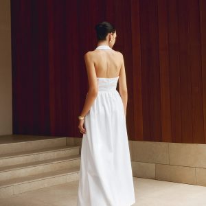 Cotton & Linen Y2K Aesthetic Halter A-Line Long Dress for Effortless Style