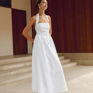 Cotton & Linen Y2K Aesthetic Halter A-Line Long Dress for Effortless Style