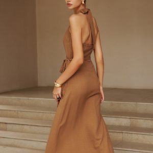 Cotton & Linen Y2K Aesthetic Wrap Halter Knotted Long Dress for Effortless Style