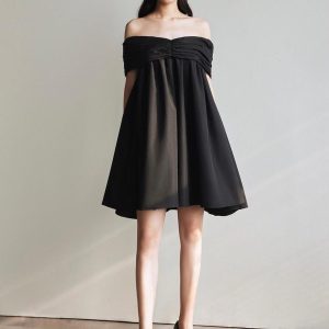 Cotton Pleated Cold Shoulder Dress - Y2K Aesthetic Cute Dress for Stylish Outfits