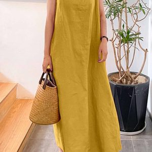 Cotton Round Neck Sleeveless Midi Dress in Y2K Aesthetic for Effortless Style and Comfort