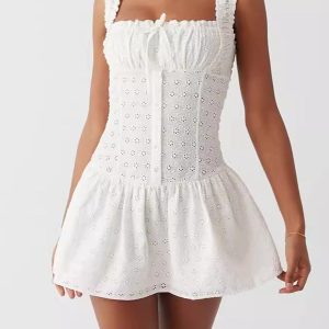 Cotton Shirred Square Neck Dress - Y2K Aesthetic Cute Dress for Coquette Style Outfits