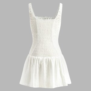 Cotton Shirred Square Neck Dress - Y2K Aesthetic Cute Dress for Coquette Style Outfits