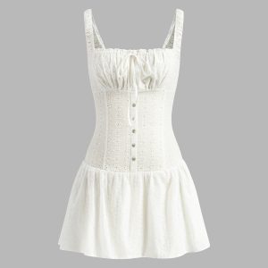 Cotton Shirred Square Neck Dress - Y2K Aesthetic Cute Dress for Coquette Style Outfits