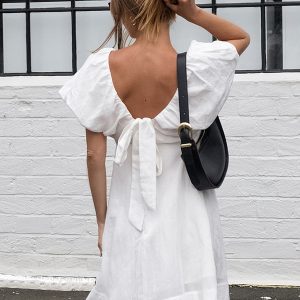 Cotton V-Neck Backless Dress with Puff Sleeves - Y2K Aesthetic Cute Summer Style