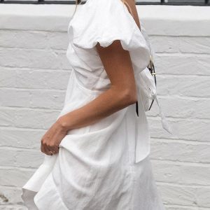 Cotton V-Neck Backless Dress with Puff Sleeves - Y2K Aesthetic Cute Summer Style