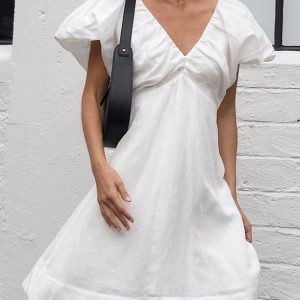 Cotton V-Neck Backless Dress with Puff Sleeves - Y2K Aesthetic Cute Summer Style