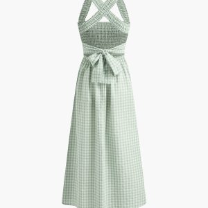 Countryside Plaid Print Halter Dress with Criss Cross Design for Y2K Aesthetic Style